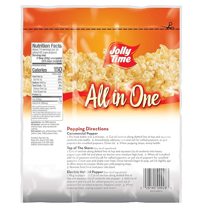 JOLLY TIME All in One Popcorn Kit, Portion Packets with Kernels, Oil and Salt for Movie Theater or