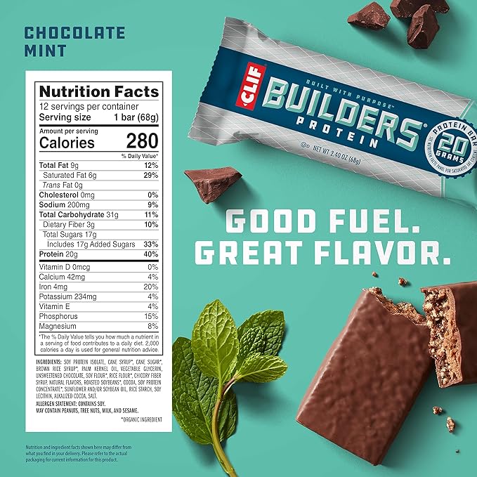 CLIF BUILDERS Protein Bars - Chocolate Mint Flavor - 20g Plant Based Protein - Gluten Free