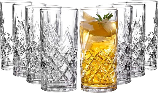 Royalty Art Kinsley Tall Highball Glasses Set of 8, 12 Ounce Cups, Textured Designer Glassware for