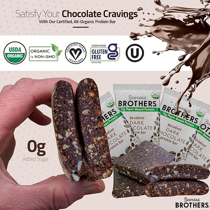 Bearded Brothers Organic Protein Bars, Dark Chocolate (10 Pack) - 11g of Plant Based Protein Gluten