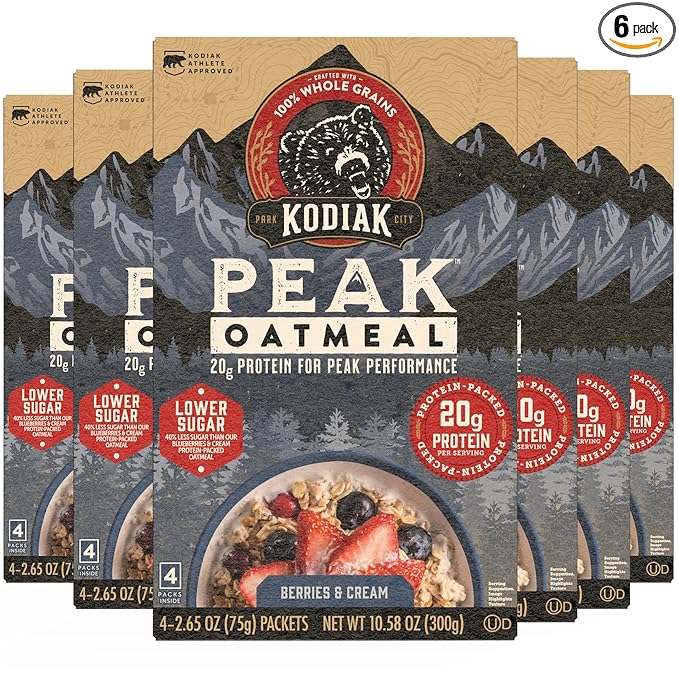 Kodiak Cakes Peak Instant Oatmeal Packets, Berries & Cream, High Protein,100% Whole Grains, 6 box