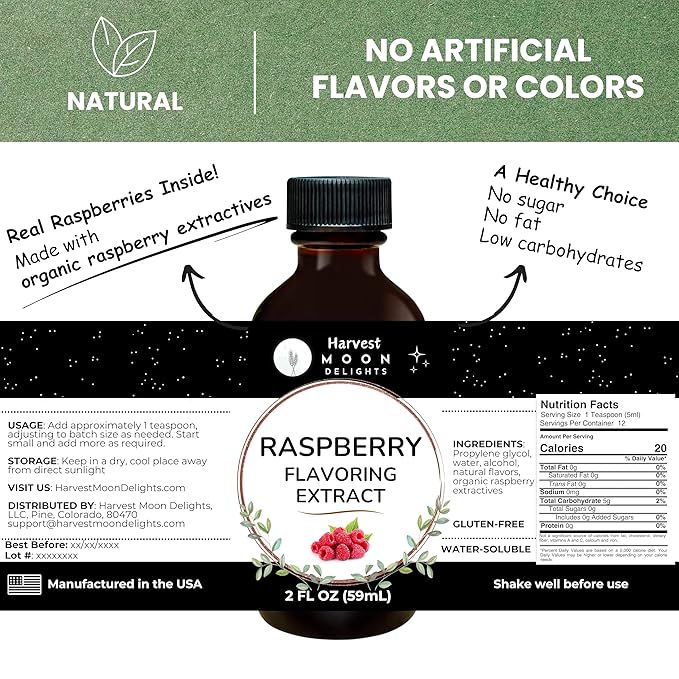 Natural Raspberry Extract - 2 oz - Water-Soluble - By Harvest Moon Delights - Raspberry Extract for