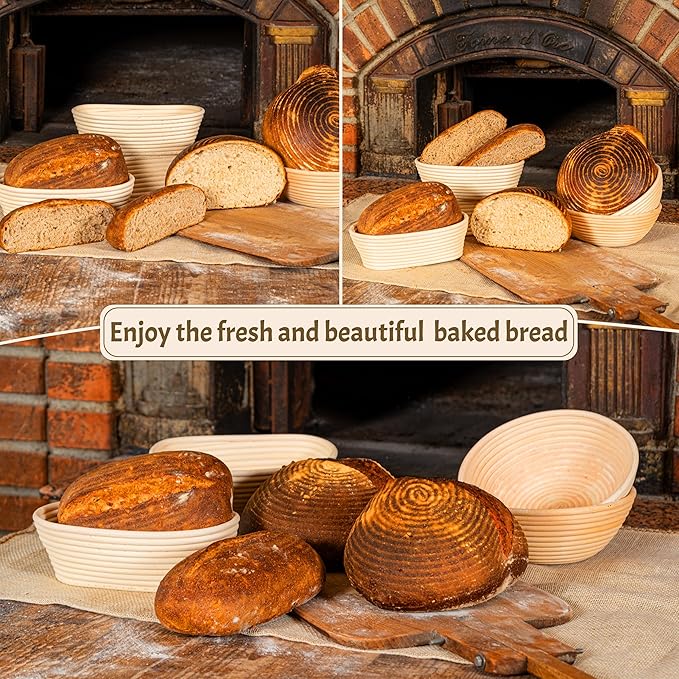 Sourdough Bread Baking Supplies Starter Kit, Banneton Proofing Basket Set: Round 9" & Oval 10"