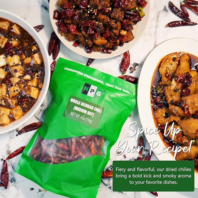NPG Sichuan Red Chili Peppers 4 Ounces, Medium Hot, Premium Szechuan Dried Red Chilies for Chili