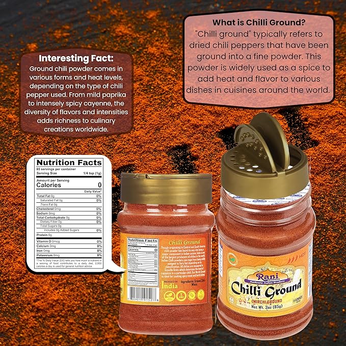 Rani Chilli Powder (Mirchi) Ground Indian Spice 3oz (85g) PET Jar ~ All Natural | Salt-Free | Vegan