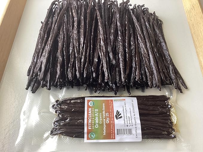25 Organic Madagascar Vanilla Beans Grade A/B. Certified USDA Organic. Bulk for Extract and