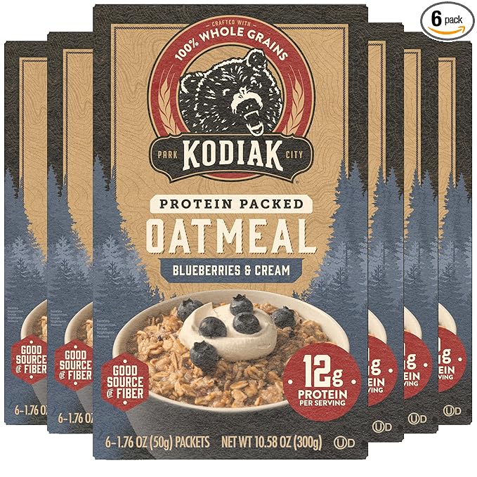 Kodiak Instant Oatmeal Packets, Blueberries & Cream, High Protein, 100% Whole Grains, 6 boxes with