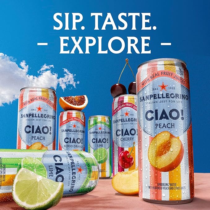 Sanpellegrino CIAO Peach Sparkling Water, Low-Calorie Italian Sparkling Water with Real Fruit
