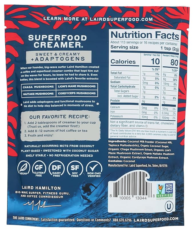 Laird Superfood Non-Dairy Coconut Powder Creamer - Sweet & Creamy + Adaptogens - Superfood Creamer