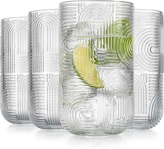 Glaver's Highball Glasses, 17 Ounce Embossed Designed Set of 4 Clear Kitchen Glassware For Home Bar