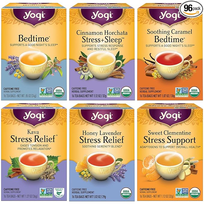 Yogi Tea Stress Relief & Herbal Tea Variety Pack - 16 Bags per Pack (6 Packs) - Organic Herbal