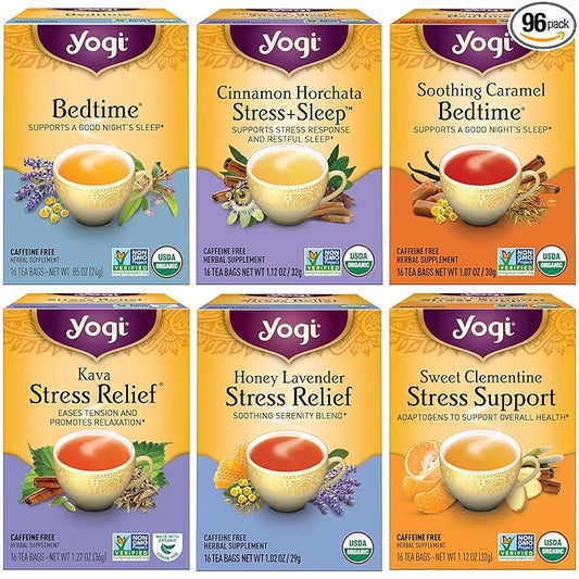 Yogi Tea Stress Relief & Herbal Tea Variety Pack - 16 Bags per Pack (6 Packs) - Organic Herbal