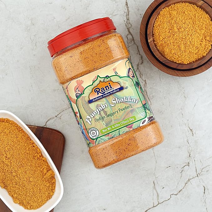 Rani Punjabi Shakkar (Gur Jaggery Powder) Indian Unrefined Raw Cane Sugar 70oz (4.4lbs) 2kg PET Jar
