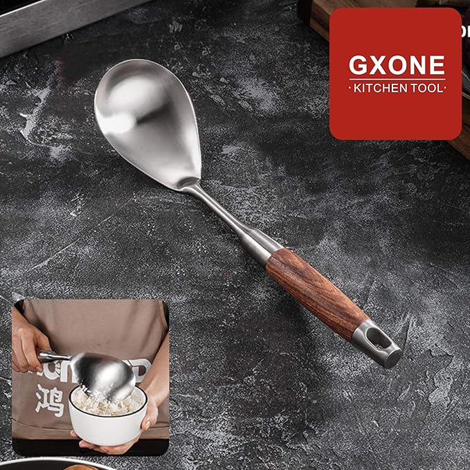 Large Serving Spoons,304 Stainless Steel Cooking Spoon with Heat Resistant Wooden