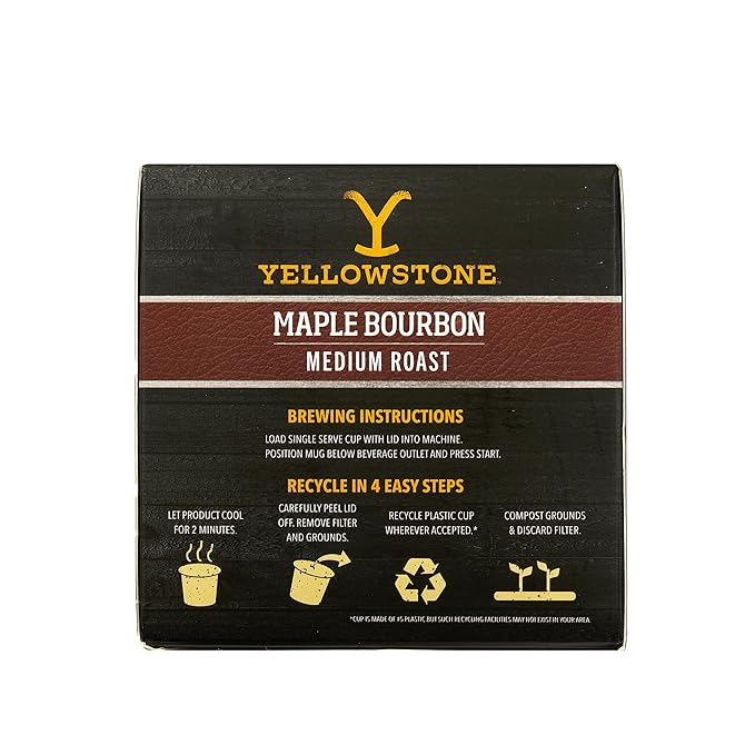 Yellowstone Maple Bourbon Medium Roast Coffee, Single Serve Recyclable Pods/Cups, 100% Arabica