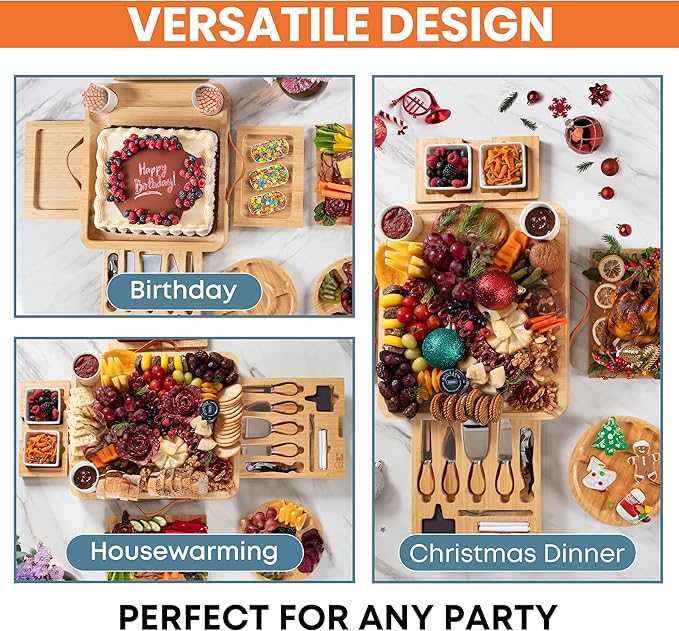 Large Bamboo Charcuterie Boards Gift Set with 4 Hidden Drawers, Cheese Knives, Ceramic Bowls &