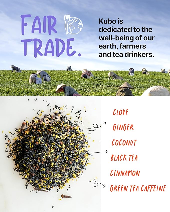 Kubo Tea, Coconut Chai Black Tea, Organic High Caffeine Blend, 20 Servings (155mg Caffeine each)