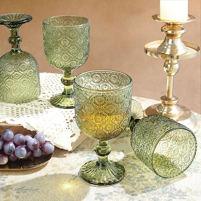 Joeyan Vintage Glass Wine Goblet,Green Embossed Floral Stemmed Wine Glasses,Colored Drinking