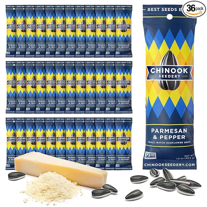 Chinook Seedery Roasted Sunflower Seeds to Eat -1.5 oz (Pack of 36) Parmesan & Pepper - Jumbo Low