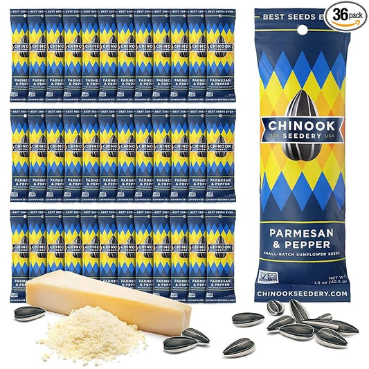 Chinook Seedery Roasted Sunflower Seeds to Eat -1.5 oz (Pack of 36) Parmesan & Pepper - Jumbo Low