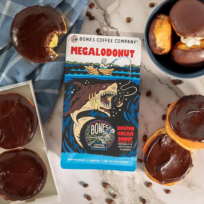 Bones Coffee Company Megalodonut, Boston Cream Donut Flavored Coffee, Medium Roast Low Acid Arabica