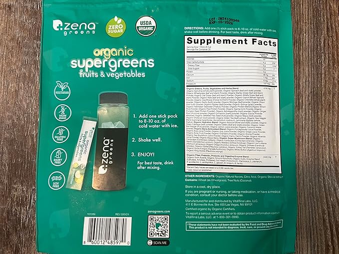Zena Nutrition Organic Super Greens Powder, 70+ Superfoods, 0 Sugar, 3G Fiber, Spirulina