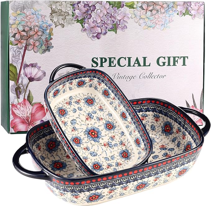 Ceramic Baking Dish Set of 2 ??Decorative Polish Pottery Style Casserole Dishes with Handles, Cute