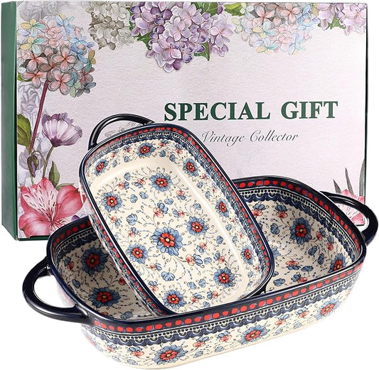 Ceramic Baking Dish Set of 2 ??Decorative Polish Pottery Style Casserole Dishes with Handles, Cute