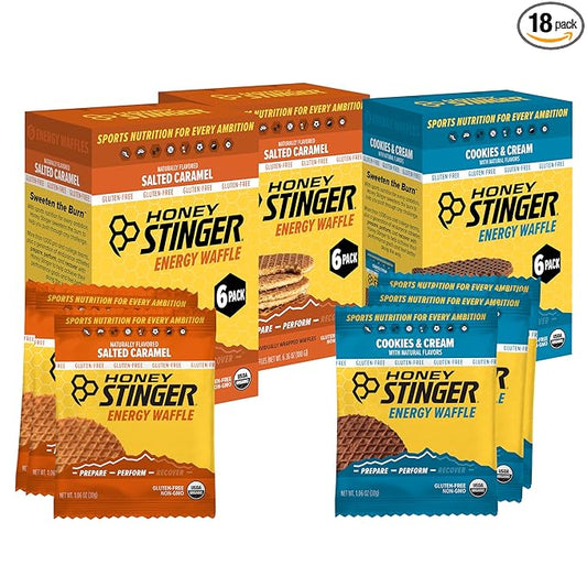 Honey Stinger Organic & Gluten Free Energy Waffle Variety Pack, 12 Salted Caramel and 6 Cookies &