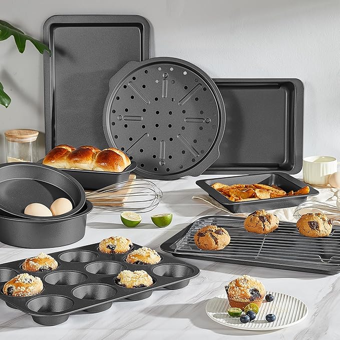 HONGBAKE Bakeware Sets, Baking Pans Set with Kitchen Utensils, Nonstick Oven Pan with Wider Grips
