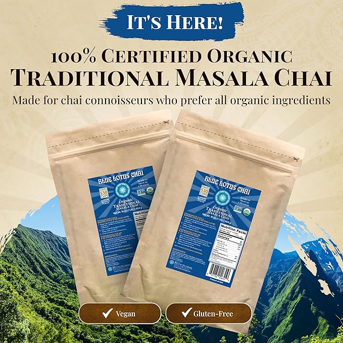 Blue Lotus Chai - Fully Organic Traditional Masala Chai - Makes 530 Cups - 1 Pound Bulk Bag Masala