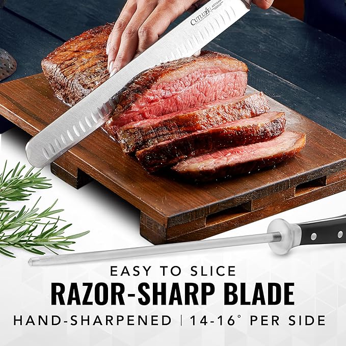 Cutluxe BBQ Knife Carving Set – 12" Brisket Knife & 10" Honing Rod, Butcher Knife Set for Meat
