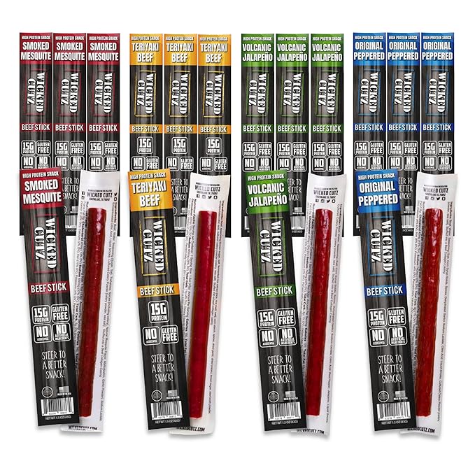 Wicked Cutz Beef Sticks Variety Pack, 4 Flavors & 15g Protein Per Meat Stick, Tender & Easy to Chew