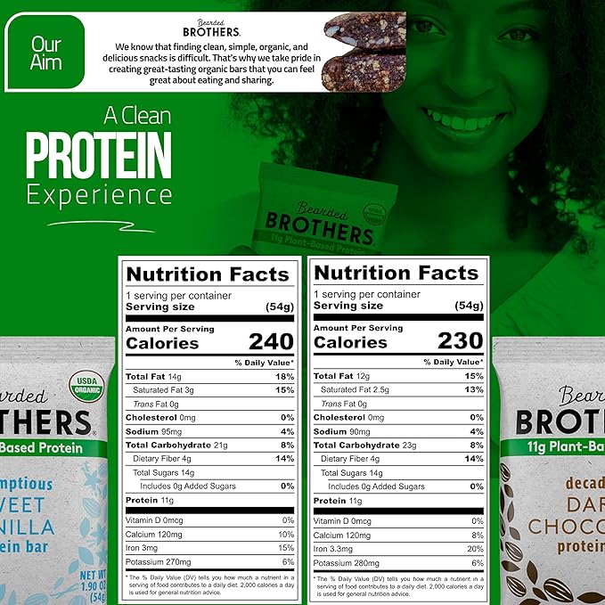 Bearded Brothers Organic Protein Bars, Dark Chocolate and Vanilla (10 Pack) - Plant Based Protein