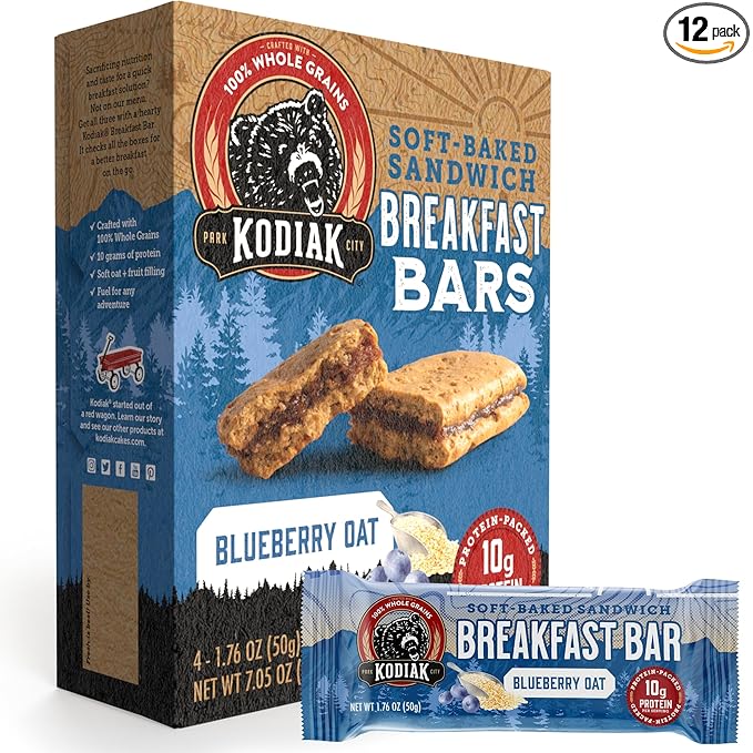 Kodiak Cakes Soft Baked Sandwich Breakfast Bar, Blueberry Oat, High Protein, 100% Whole Grains, 12