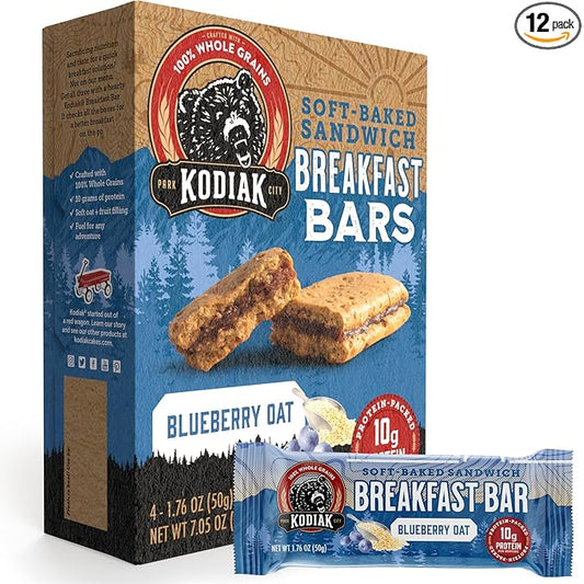 Kodiak Cakes Soft Baked Sandwich Breakfast Bar, Blueberry Oat, High Protein, 100% Whole Grains, 12