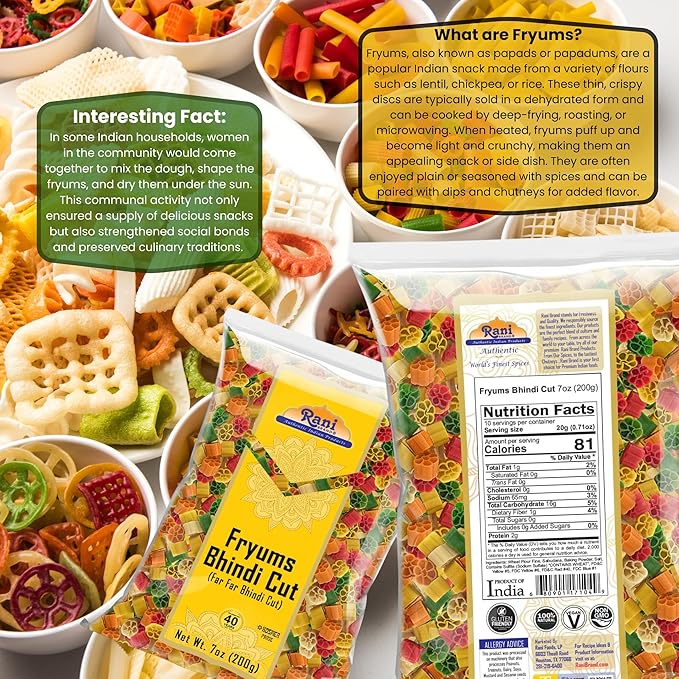 Rani Far Far/Fryums (Wheat & Tapioca Pellet) Bhindi Shape 7oz (200g) ~ Vegan, Kosher, Uncooked