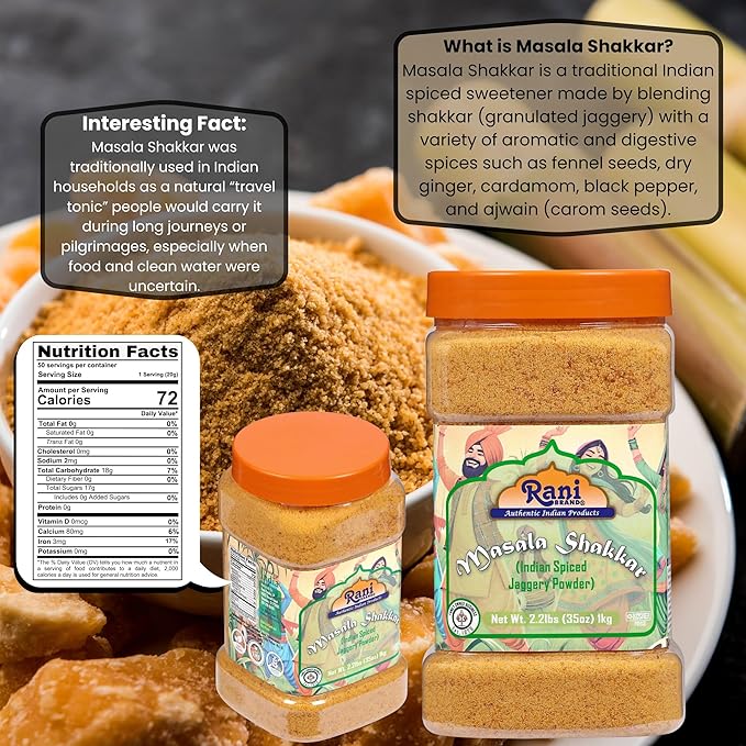Rani Masala Shakkar (Indian Spiced Jaggery Powder) Unrefined Raw Cane Sugar 35oz (2.2lbs) 1kg PET