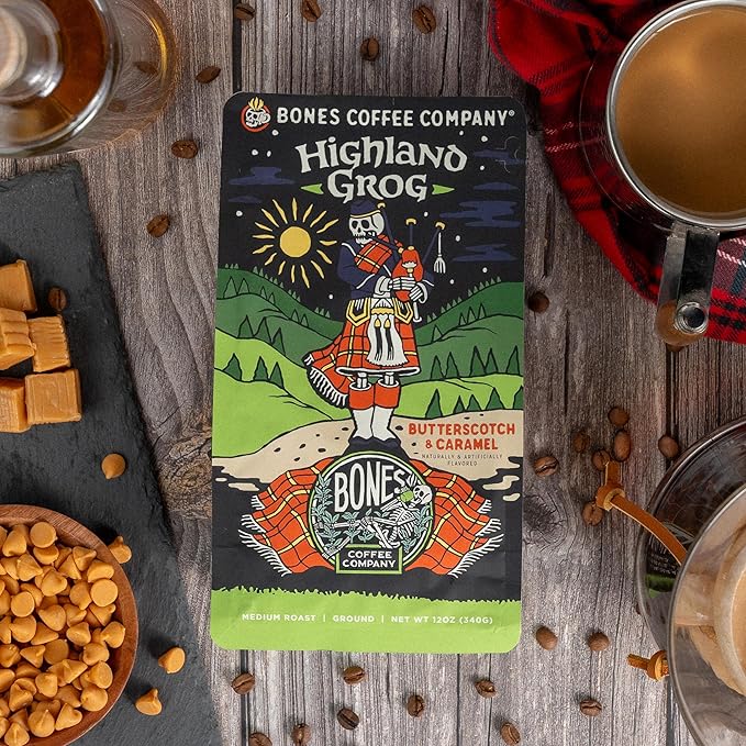 Bones Coffee Company Highland Grog, Butterscotch Caramel Flavored Coffee, Medium Roast Low Acid