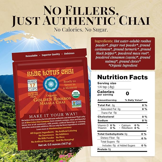 Blue Lotus Chai - Golden Rooibos Flavor Masala Chai - Makes 17 Cups - 0.5 Ounce Masala Spiced Chai
