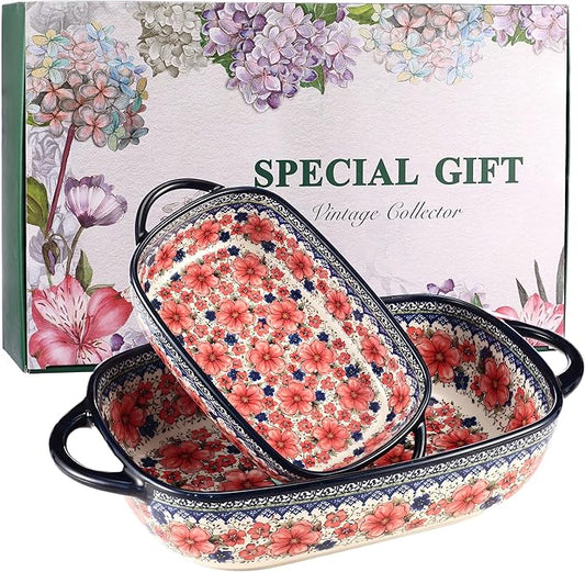 Ceramic Baking Dish Set of 2 ??Decorative Polish Pottery Style Casserole Dishes with Handles, Cute