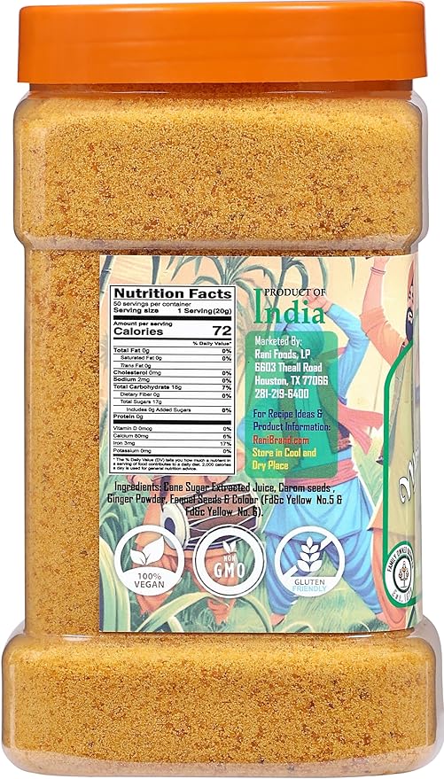 Rani Masala Shakkar (Indian Spiced Jaggery Powder) Unrefined Raw Cane Sugar 35oz (2.2lbs) 1kg PET