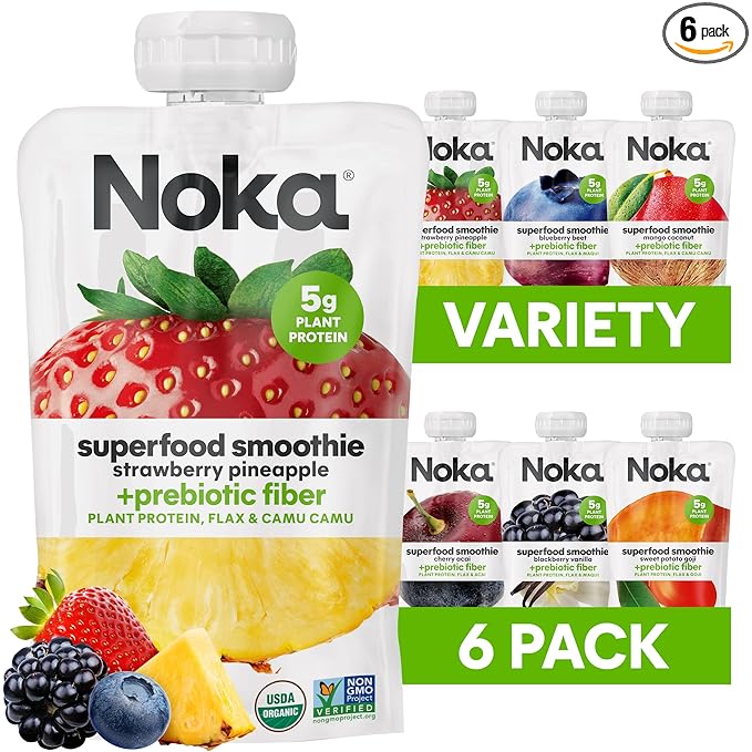 Noka Superfood Fruit Smoothie Pouches Variety Pack, Healthy Snacks with Flax Seed, Plant Protein