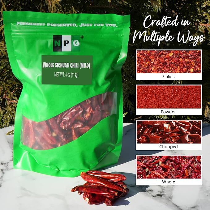 NPG Sichuan Chili Peppers 4 Ounces, Mild, Used in Mexican, Chinese, Thai Dishes, Premium Szechuan