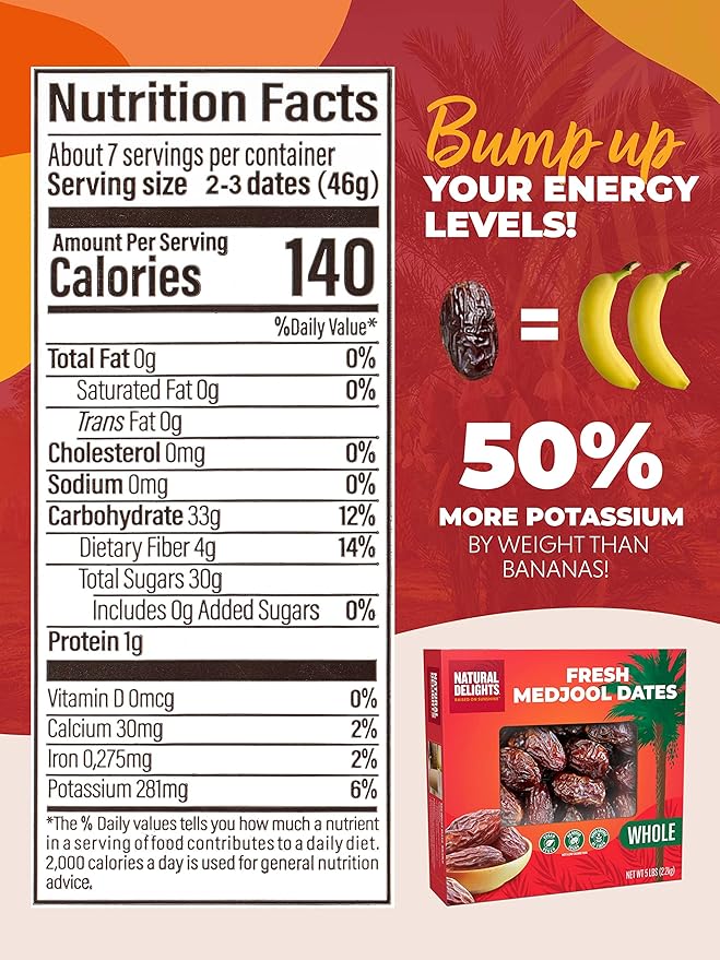 Natural Delights Medjool Dates – Large & Plump Whole Dates Medjool, Non-GMO Verified, Good Source