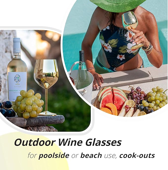 Gusto Nostro Stainless Steel Wine Glass - 18 oz Unbreakable Gold Wine Glasses for Travel, Camping