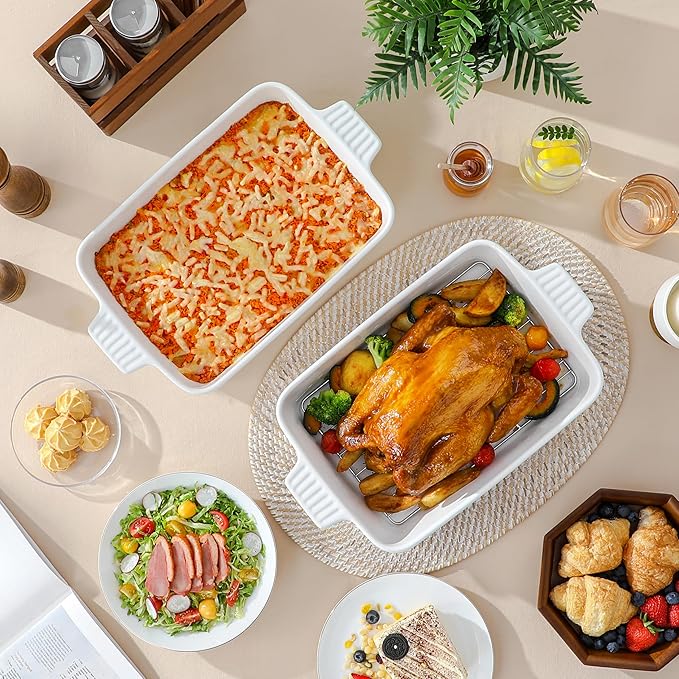 MALACASA 4.4 QT Baking Dish with Rack, 9x13 Large Casserole Dish for Oven, Ceramic Baking Pan with