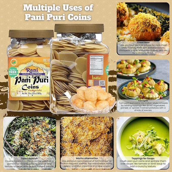 Rani Pani Puri Coins (Uncooked, Microwaveable Wheat Semolina Coins) 32oz (2lbs) 908g w/Pani Puri