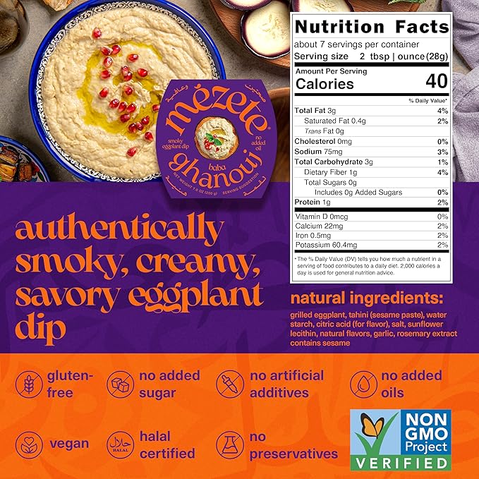 Mezete Cholesterol-Free Dip | All-Natural Baba Ganoush | Shelf-Stable | Ready to Serve | Smoky