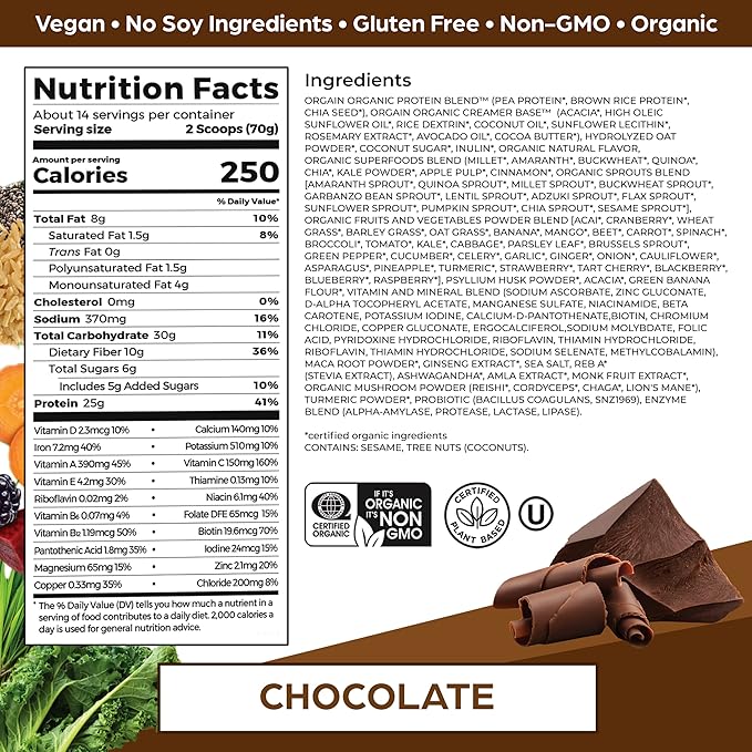 Orgain Perfect Meal, Organic, Vegan Meal Replacement Protein Powder, Chocolate - 25g Plant Based